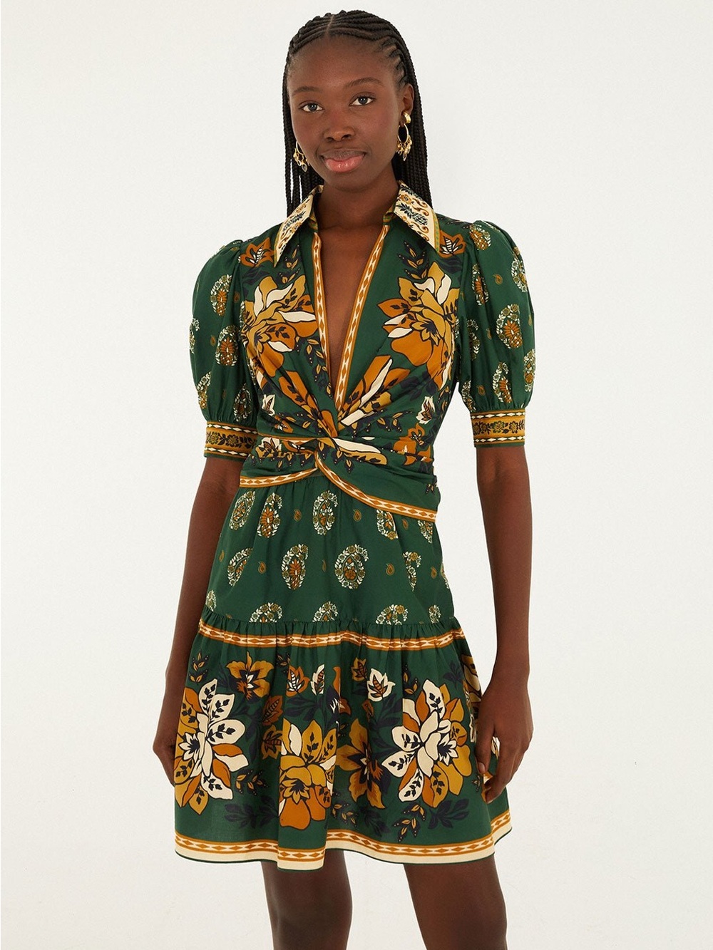 Farm Rio Green Floral Twist-Front Mini Dress